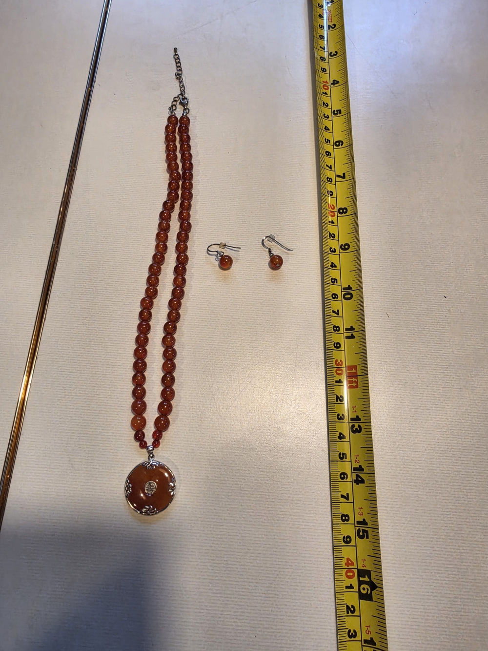 Carnelian Bead Pendant Necklace and Earring Set - Orange Women Jewelry